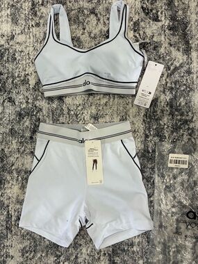 ALO Yoga Light Blue Sports Bra & High-Rise Shorts Set with Black Trim